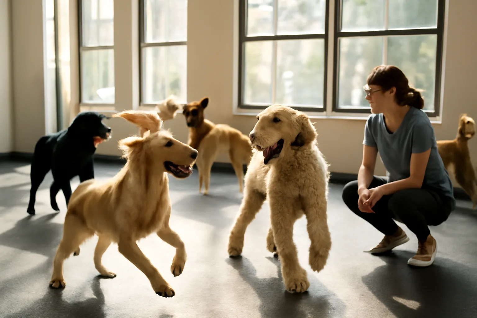 Dogs playing together in a sunlit indoor daycare play room with a staff supervisor nearby