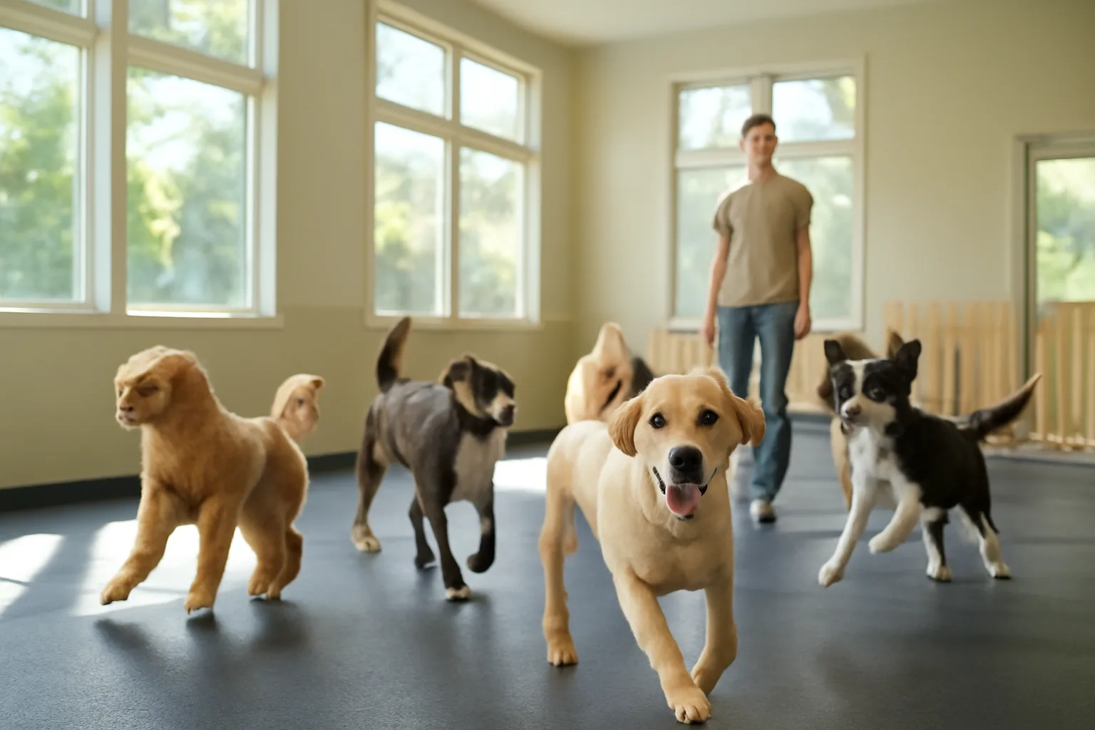 Dogs playing together in a bright indoor daycare playroom similar to Dogtopia Woodbury