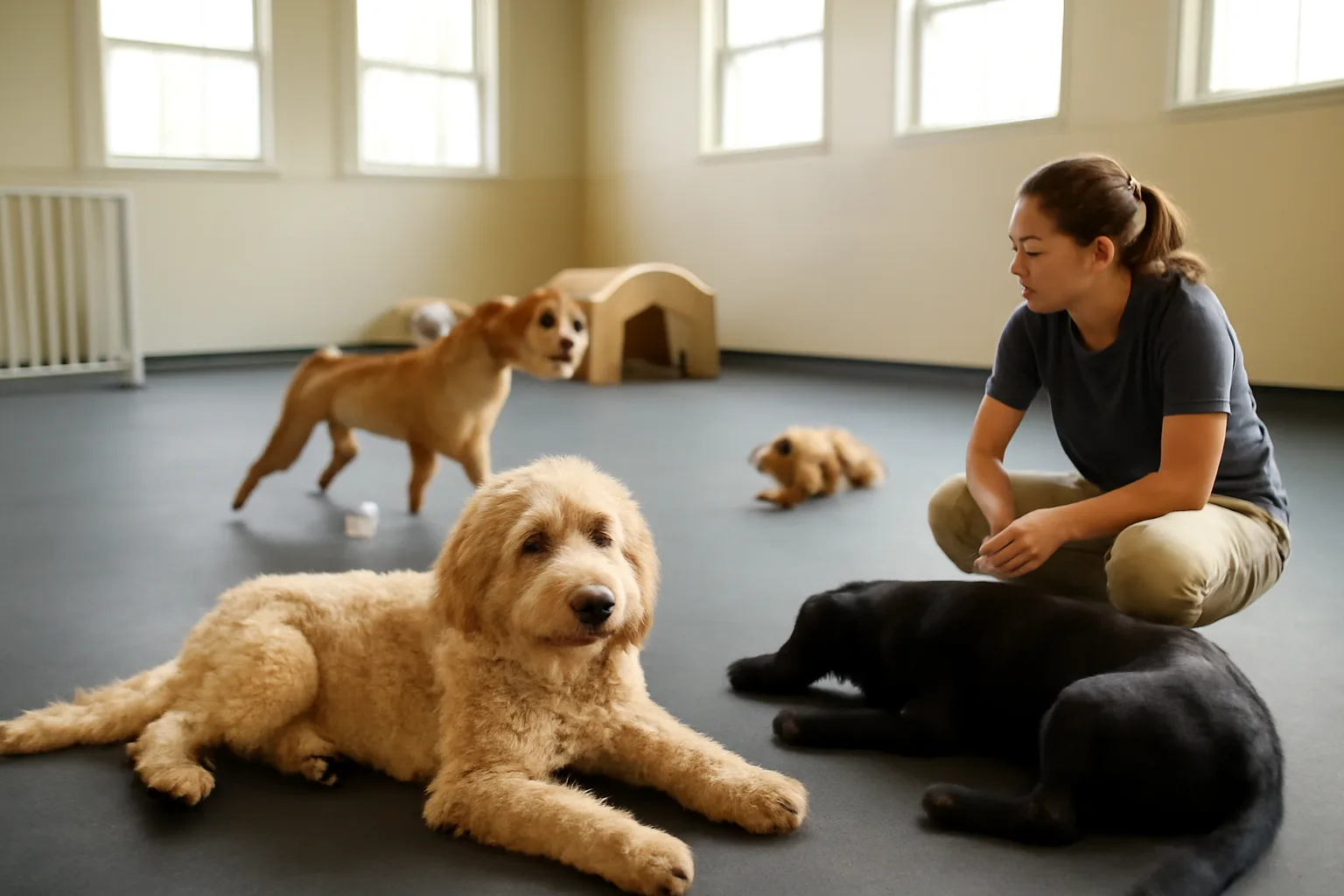 Dogs playing and resting in a sunlit indoor daycare and boarding facility