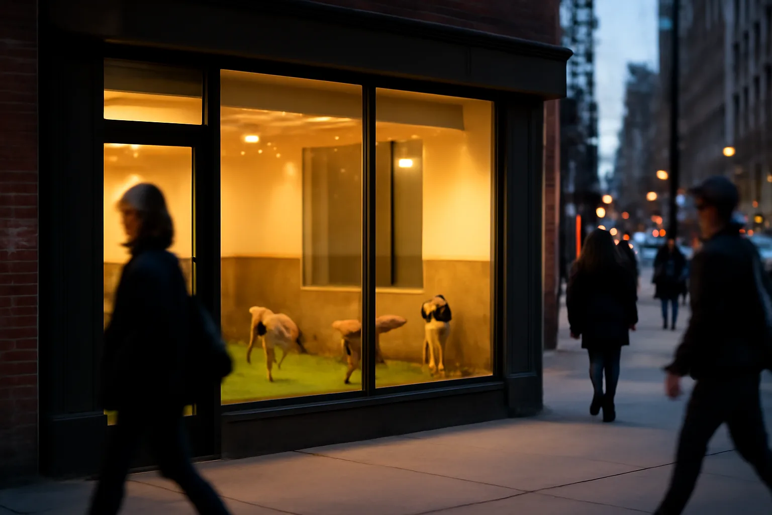 Storefront window of a downtown dog resort with dogs playing inside at dusk