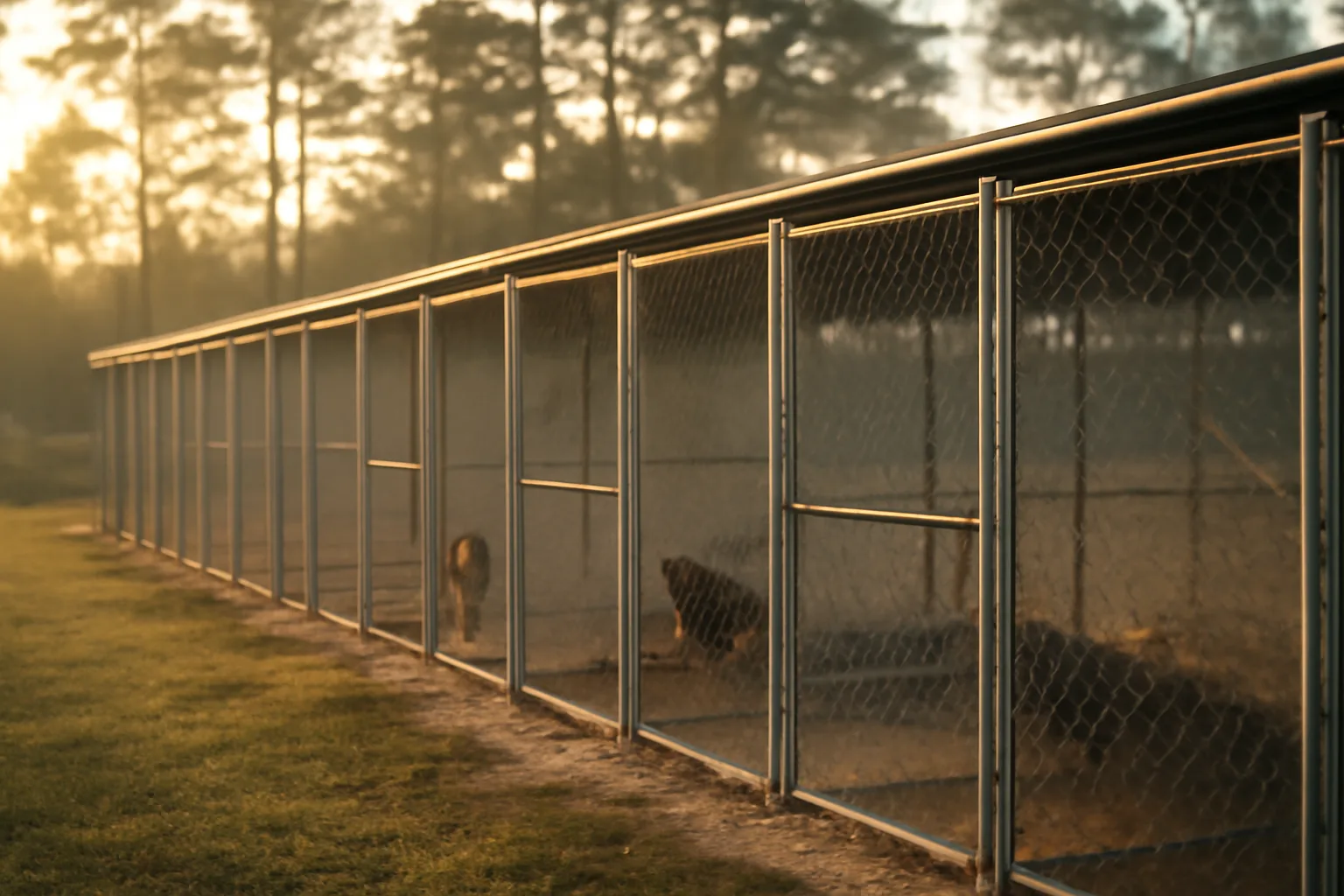 Outdoor kennel runs on a rural Florida dog breeding property at sunrise