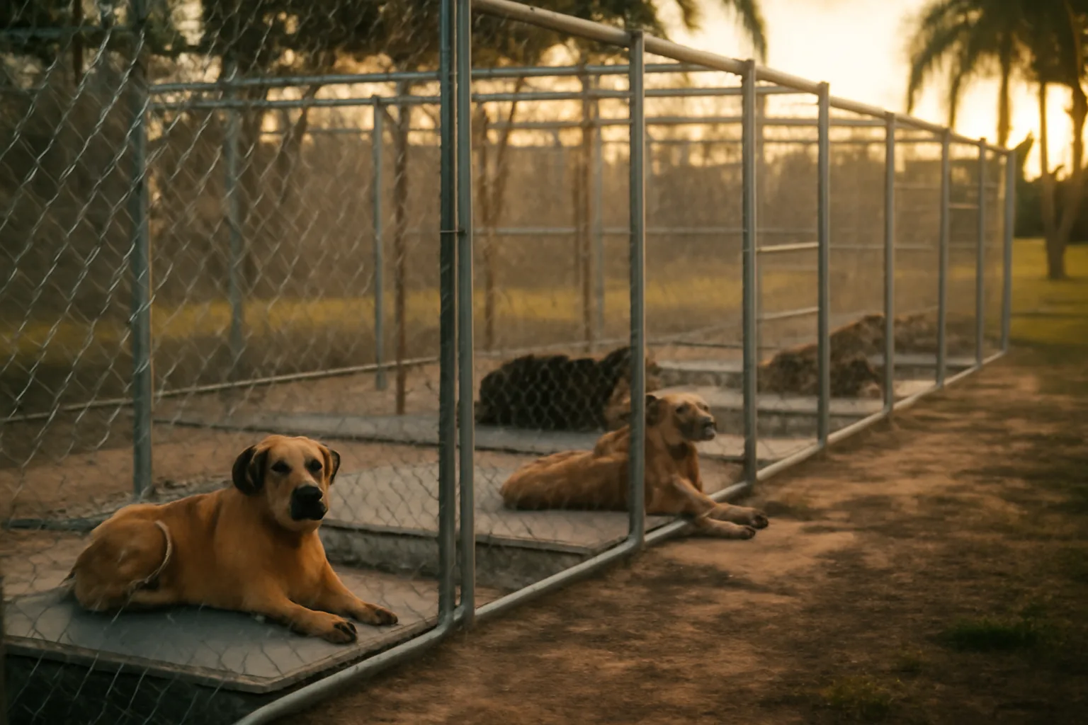 Outdoor kennel runs on a Florida breeding property at sunset