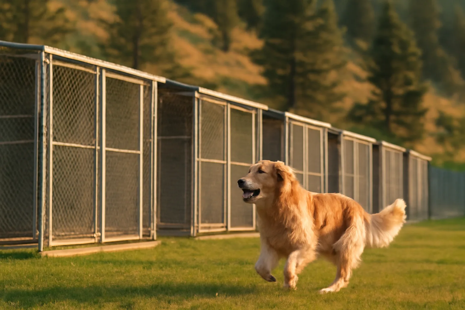 Golden retriever running in an outdoor kennel yard near foothills at sunset