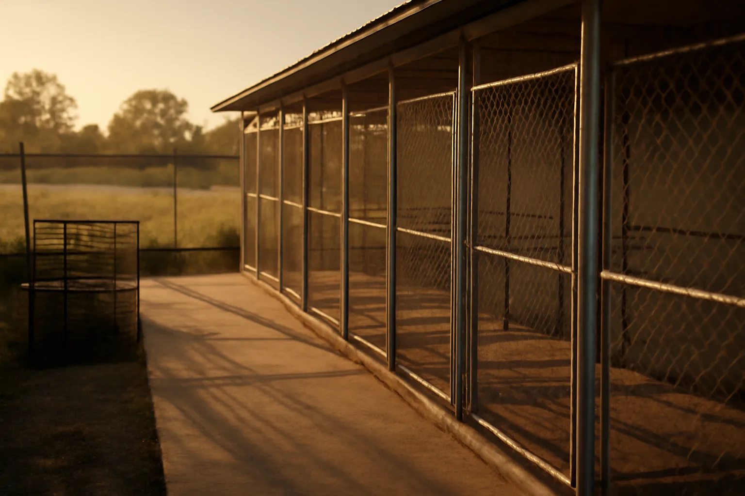 Empty outdoor kennel runs and stacked wire crates at a property for sale