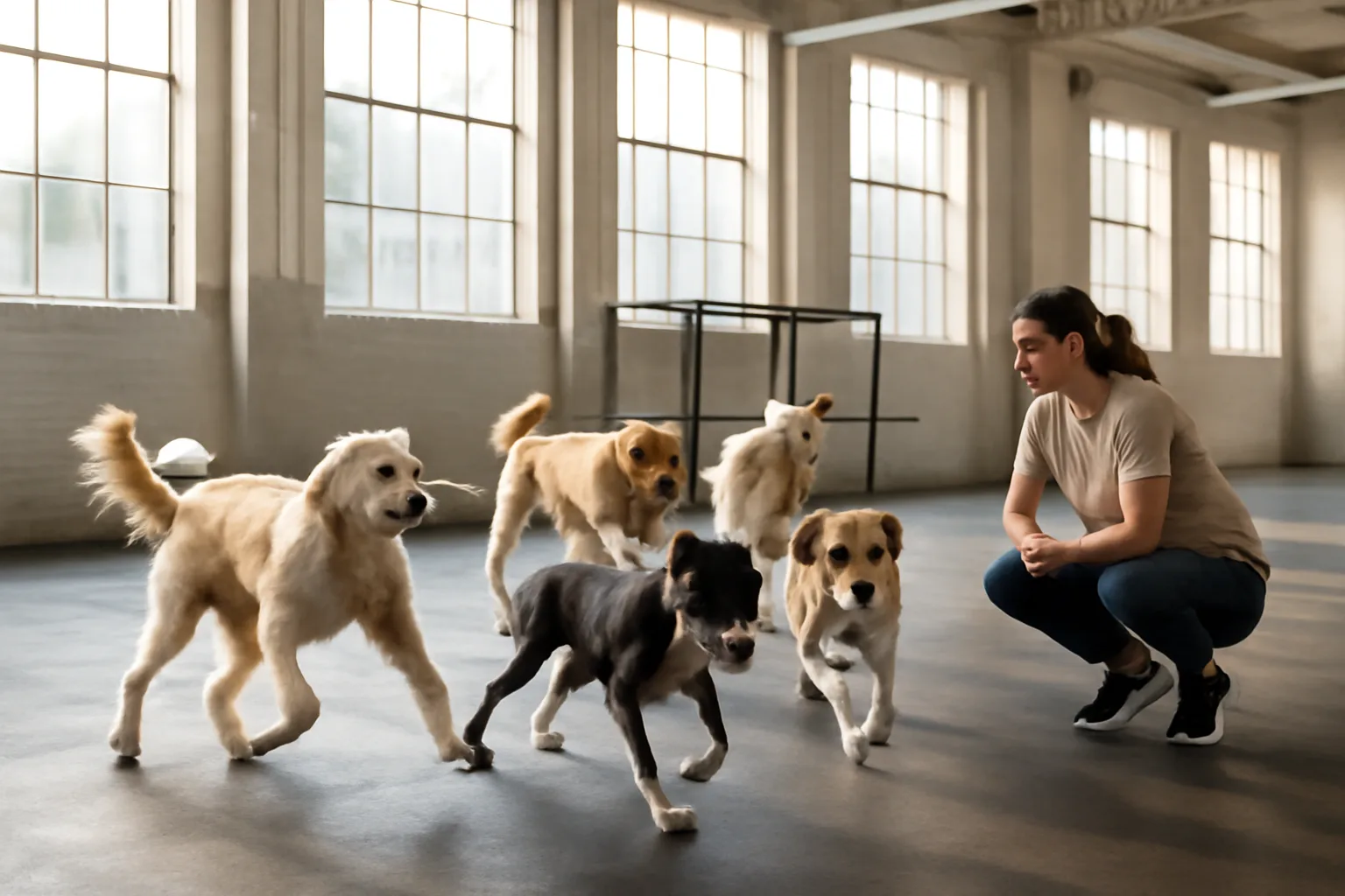 Dogs playing in a bright indoor Chicago boarding and daycare facility