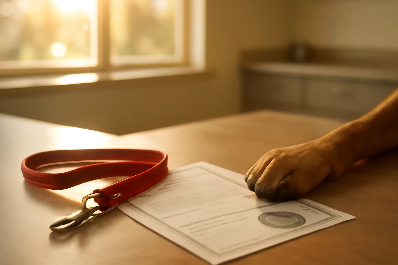 County office counter with a dog tag and vaccination certificate for dog registry licensing