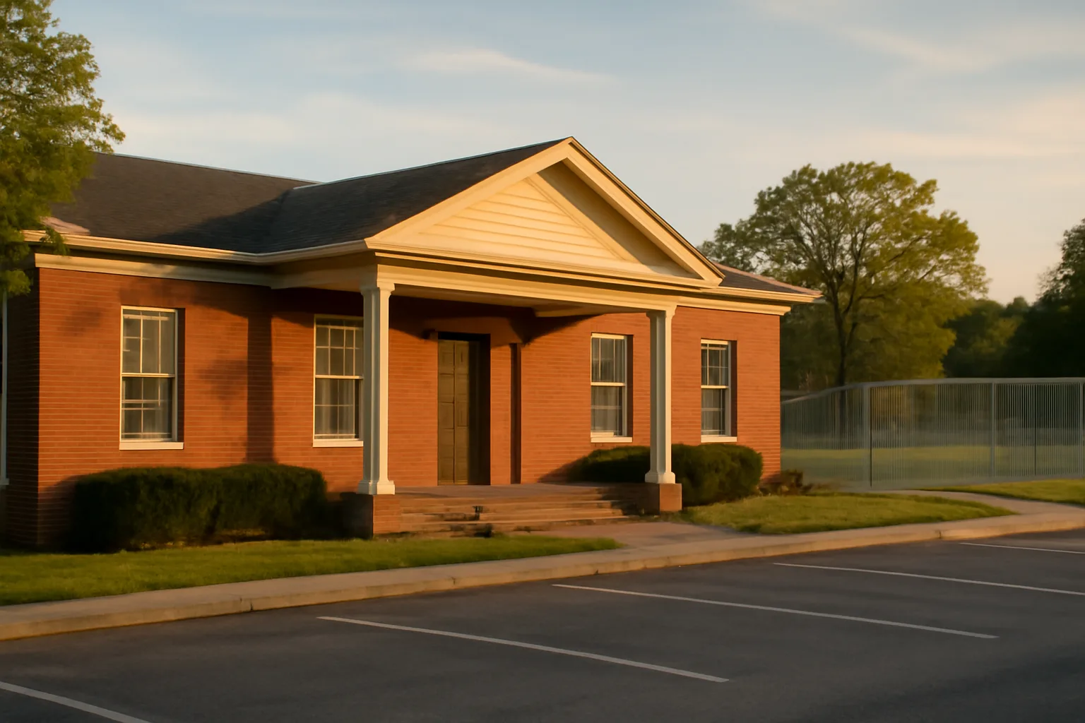 County government building near a fenced kennel property, representing the kennel license process