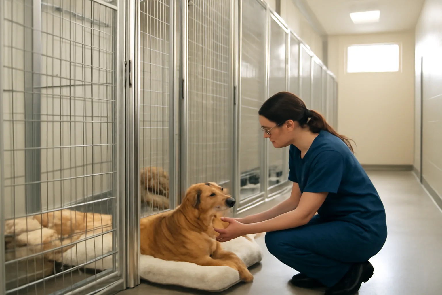 Staff member checking on dogs resting in clean boarding kennel runs