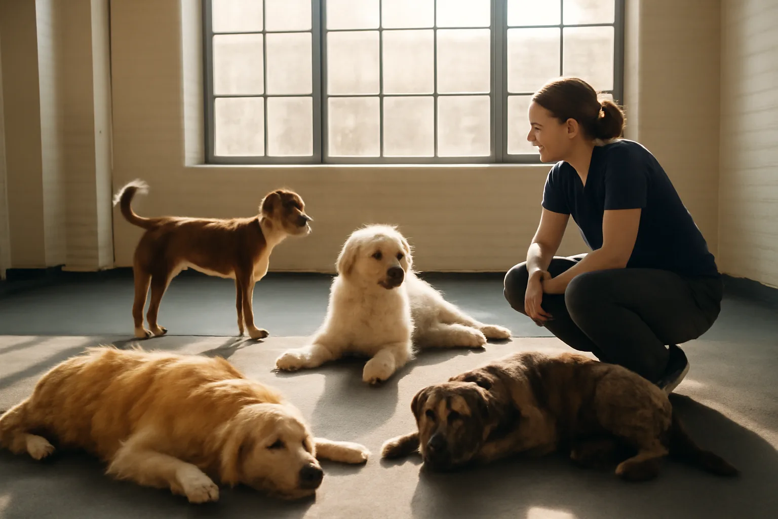 Staff member supervising several dogs playing in a bright doggie day care room