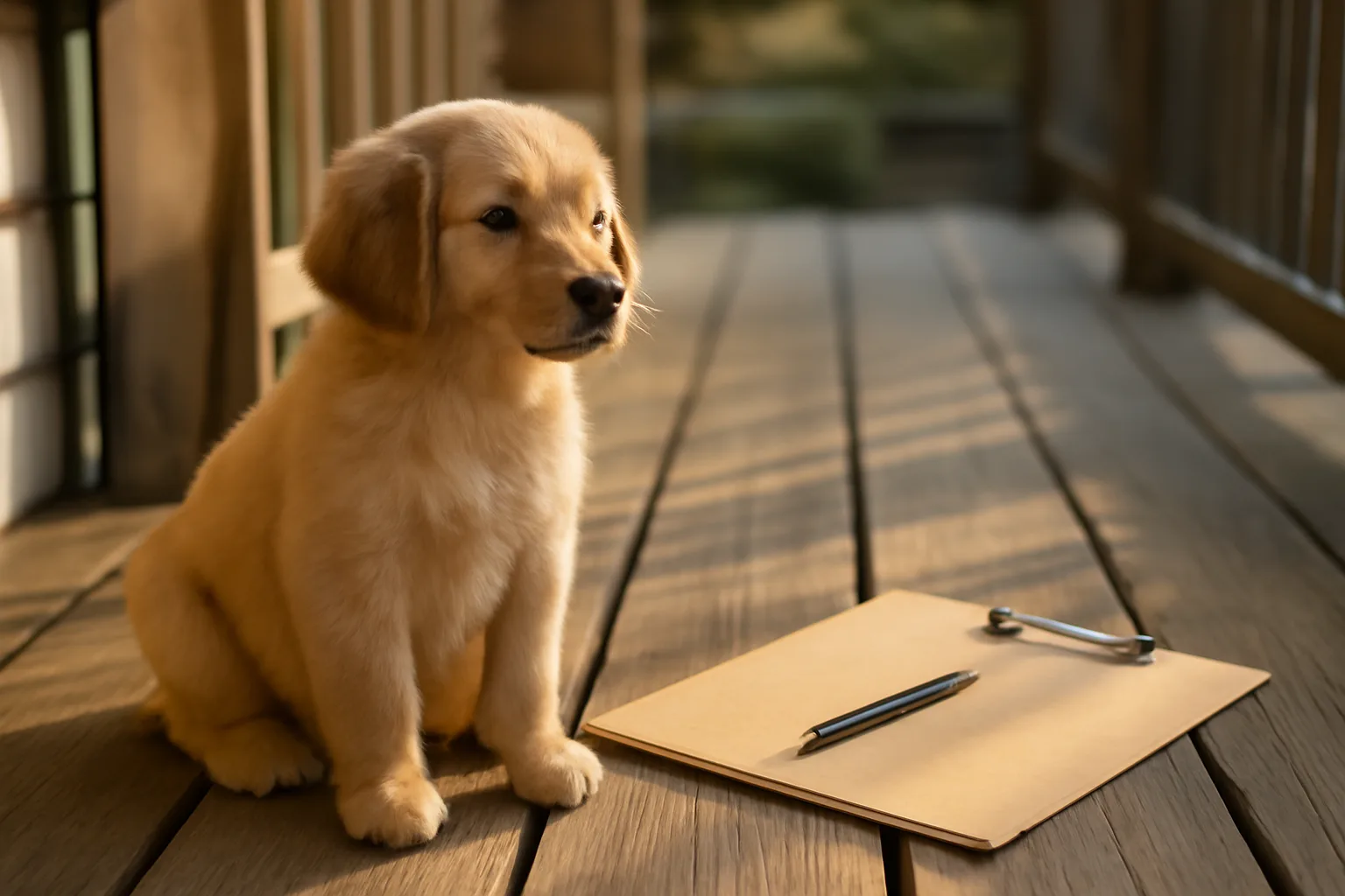Puppy sitting near a clipboard and envelope representing dog registration paperwork