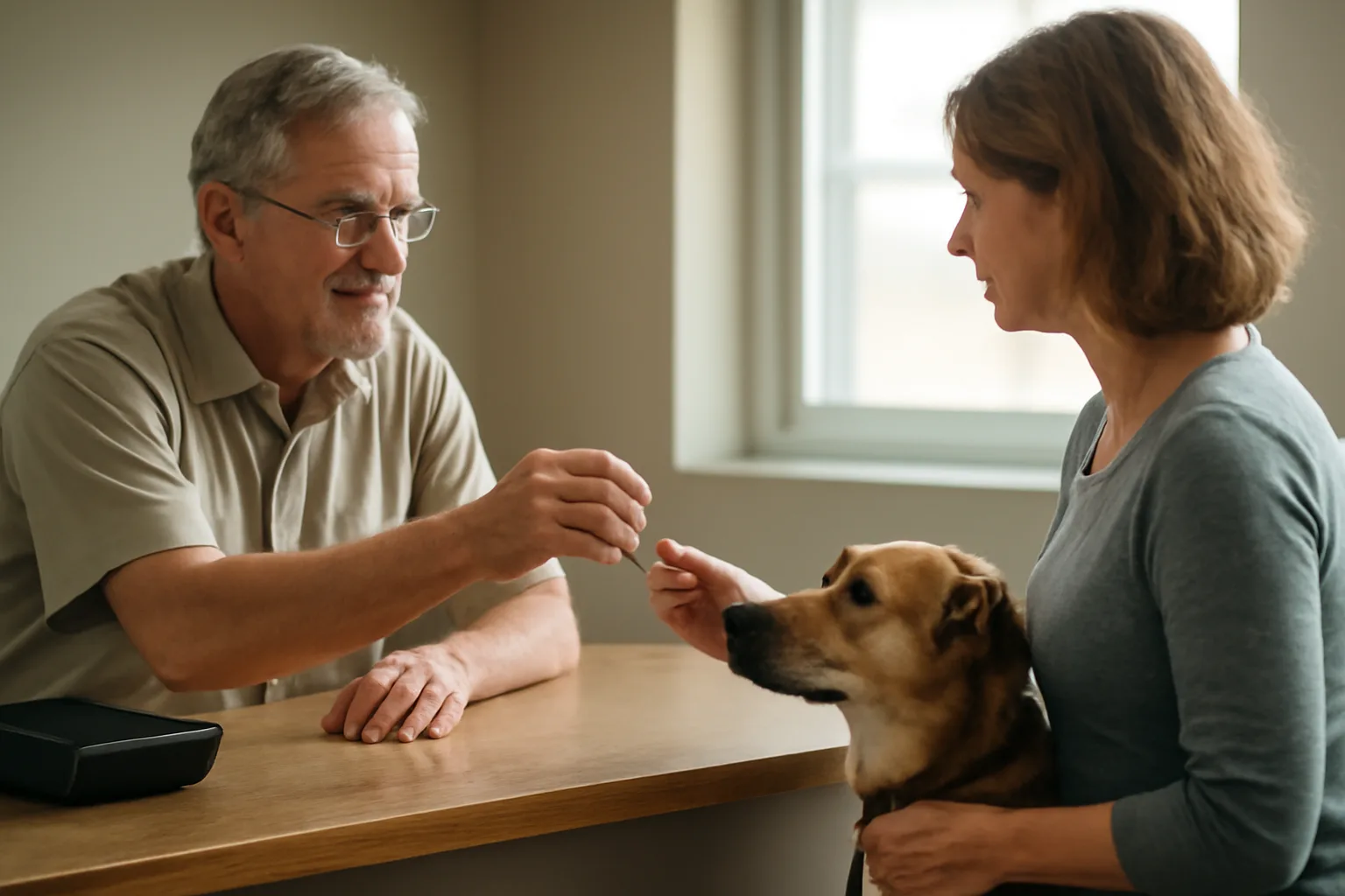 Clerk handing a dog license tag to an owner at a county animal control counter