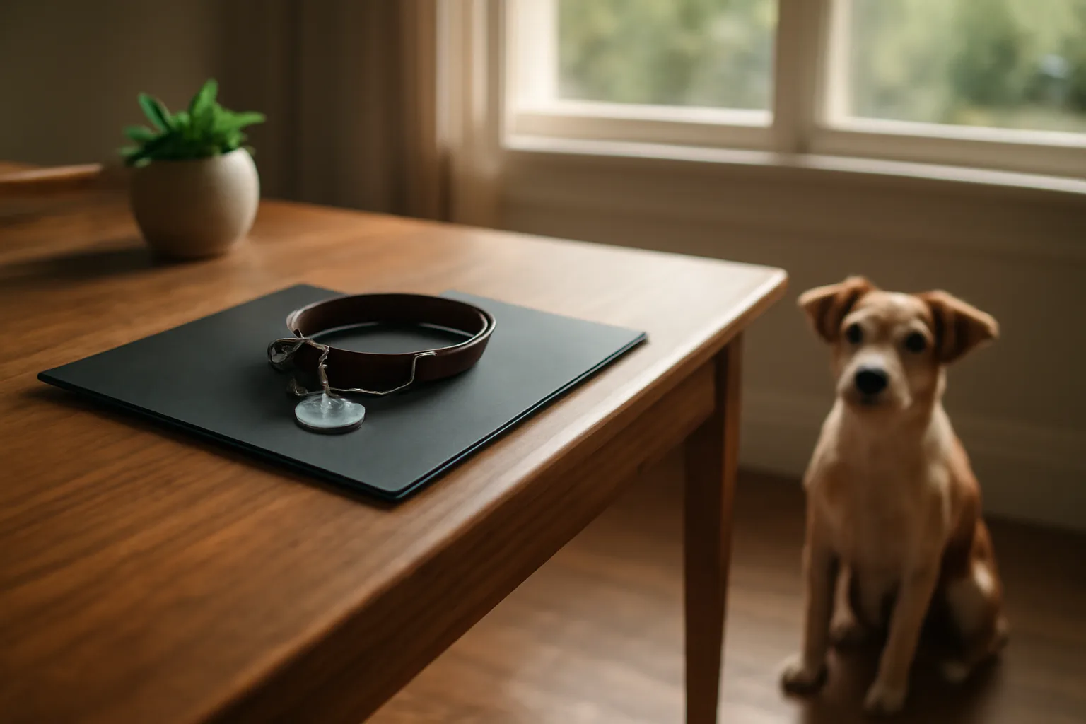 Dog collar with license tag on a desk beside vaccination folder in home office