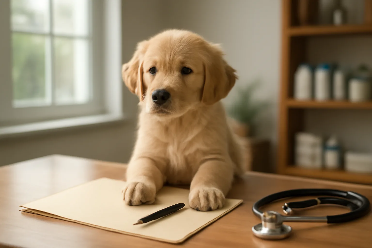 Puppy sitting beside registration folder on a desk in natural light