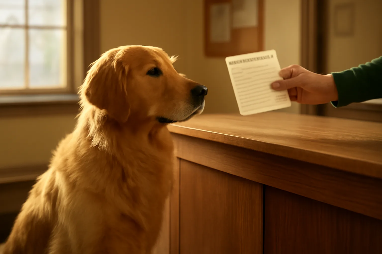 Dog owner at animal control counter completing local dog license registration