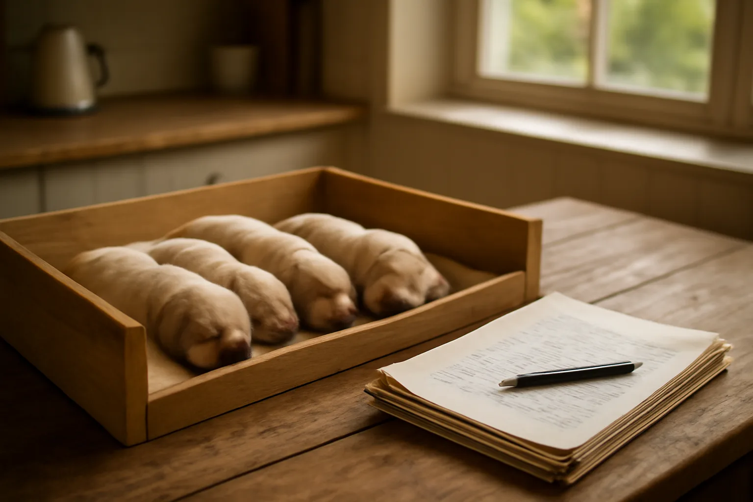 Puppies resting in a whelping box beside pedigree notes on a table