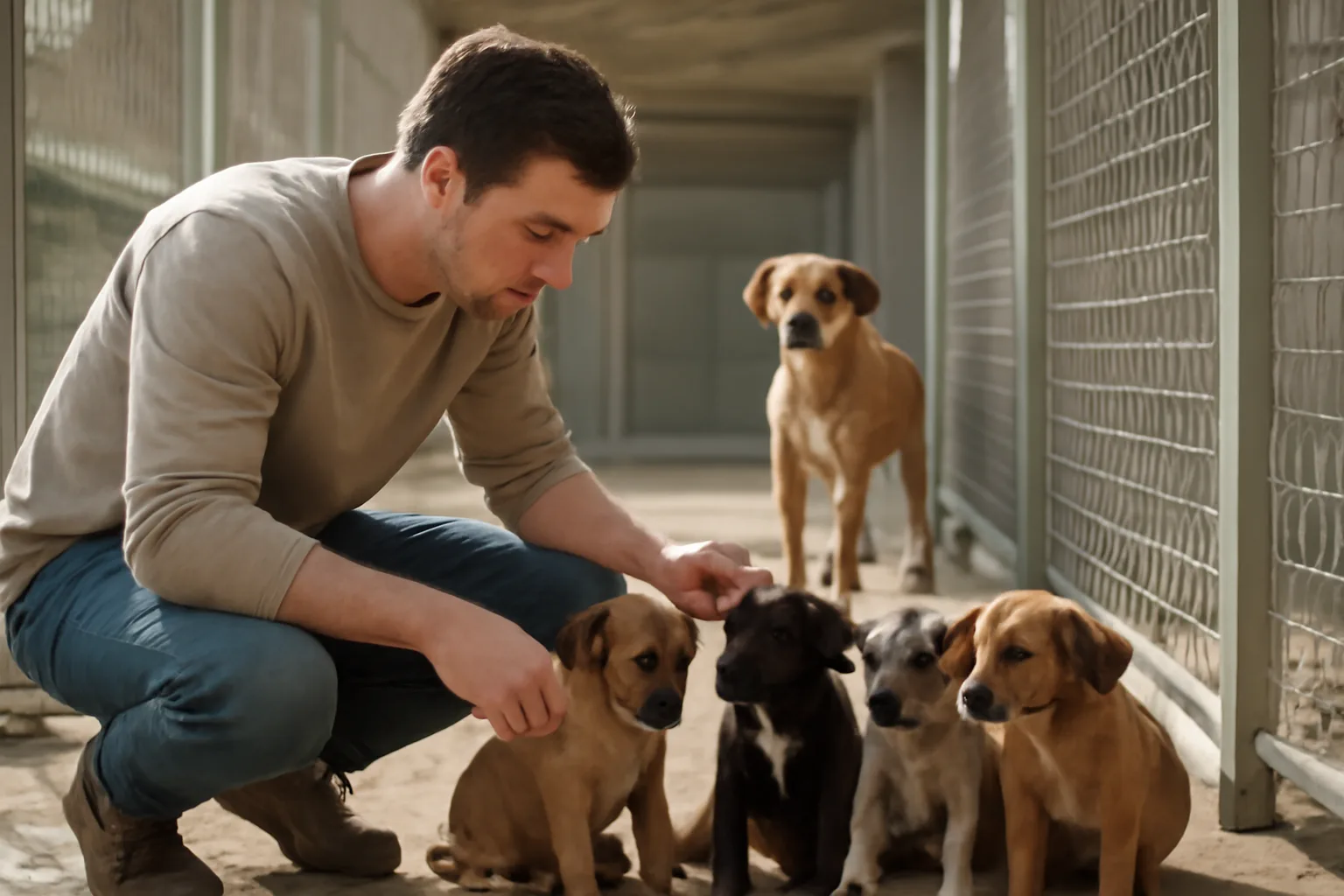 Person checking puppies in a sunlit outdoor kennel run at a breeding facility