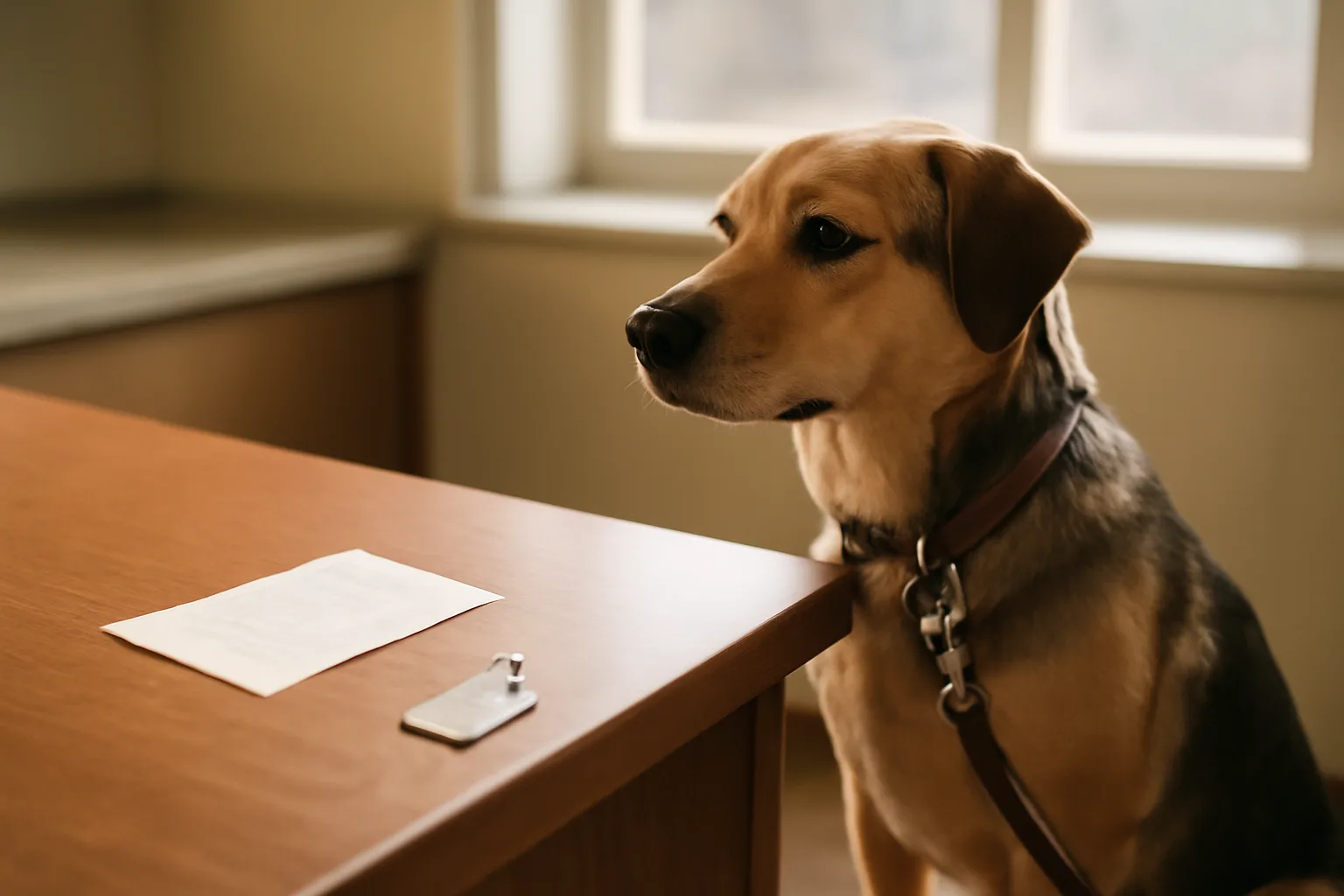 Dog owner completing a dog license application at a county clerk's counter