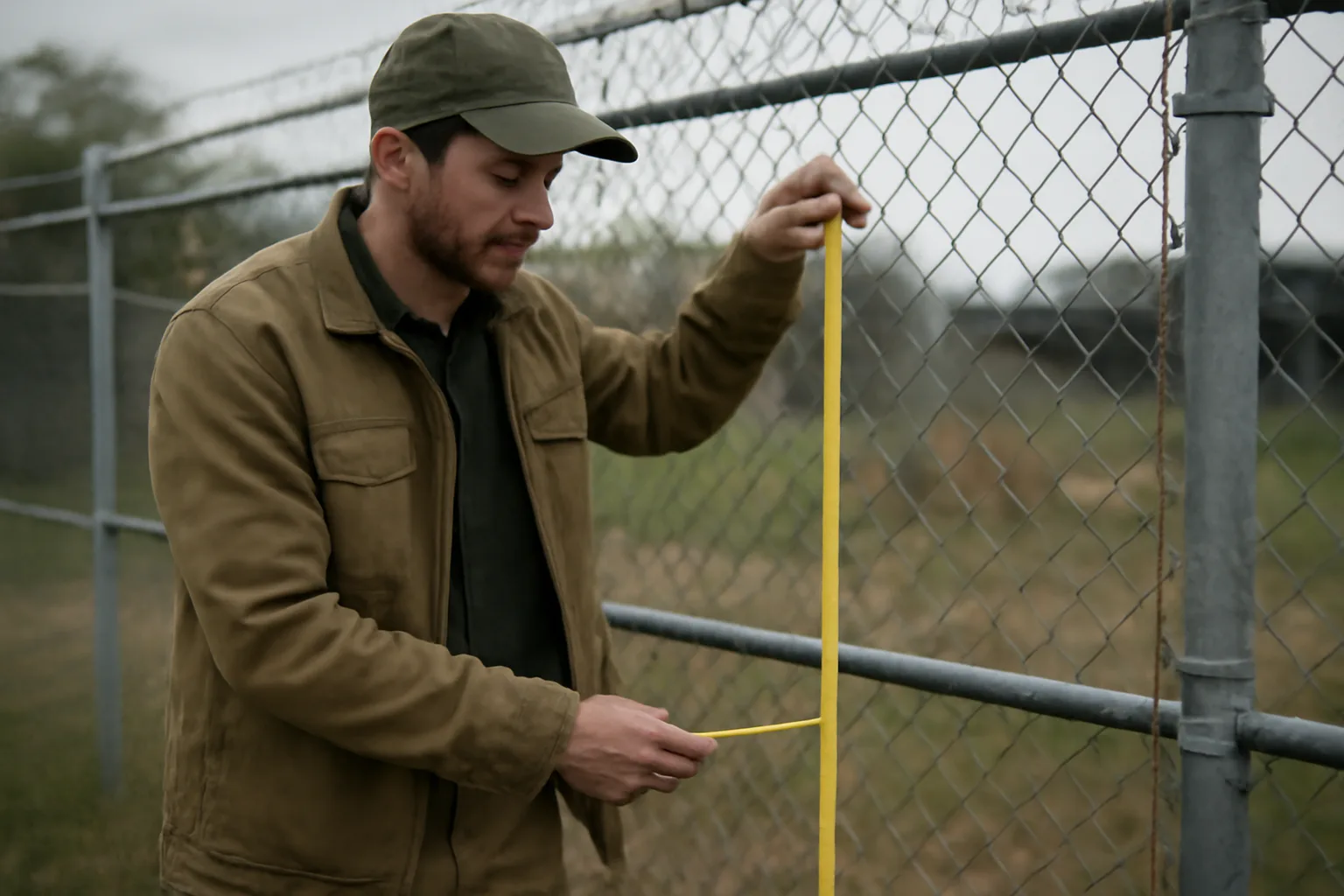 Inspector measuring perimeter fencing at an exotic animal facility during a licensing inspection