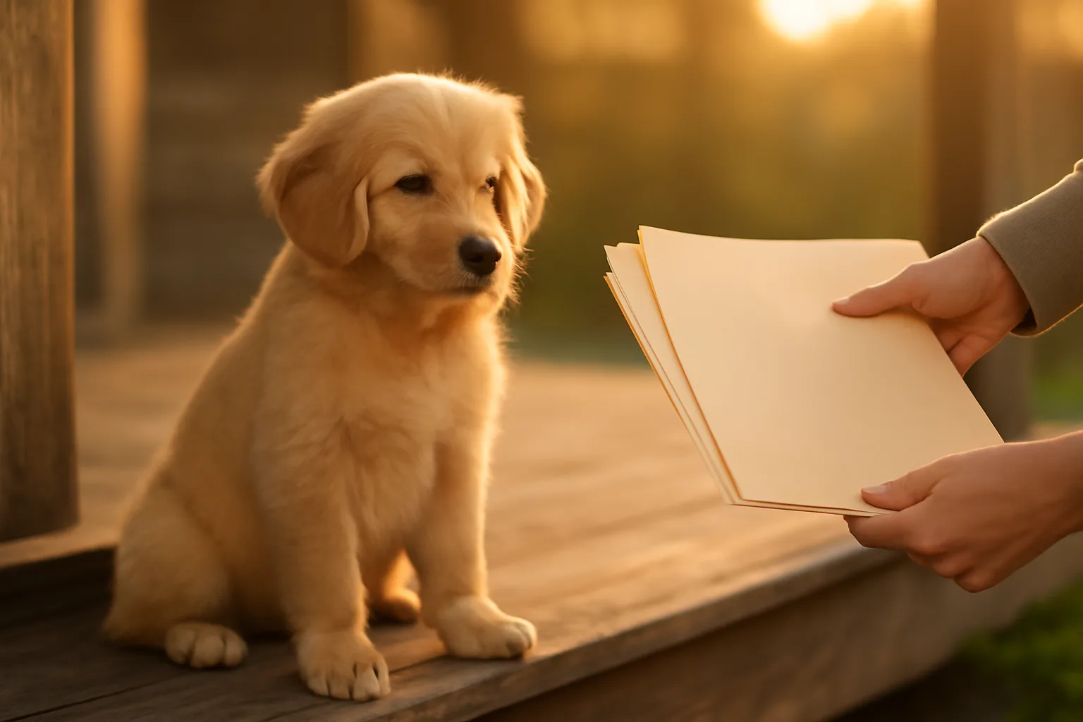 Puppy sitting outdoors next to an owner holding registration documents at sunset