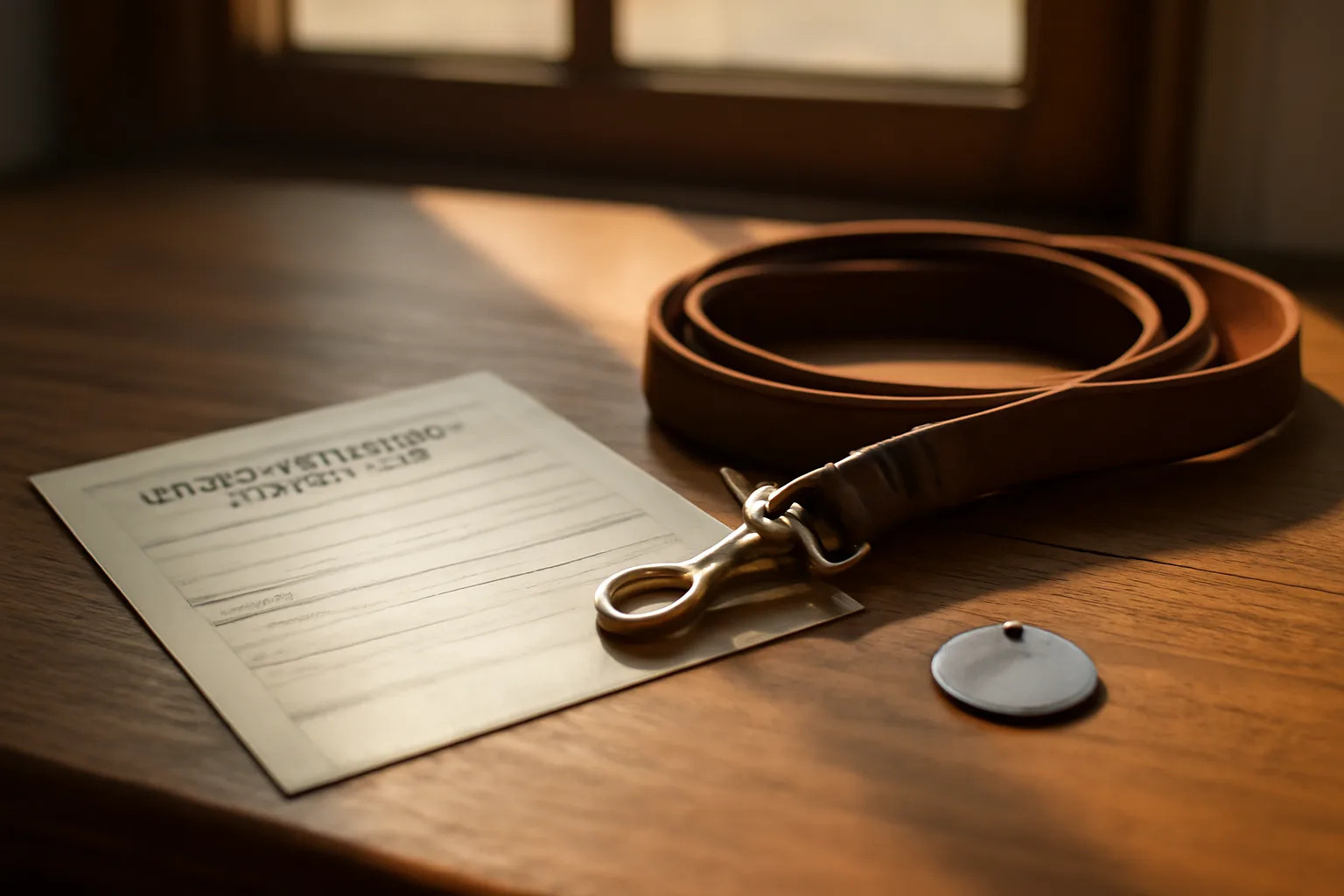 Rabies certificate, leash, and metal tag on a county office counter while getting a dog licensed