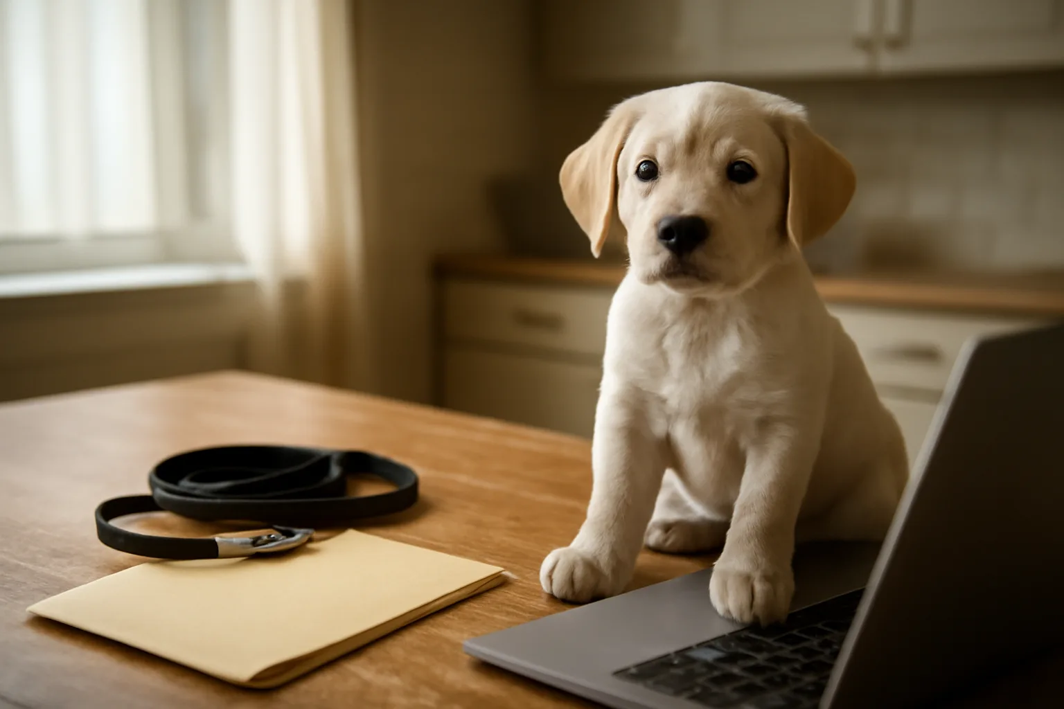 Puppy sitting next to owner filling out registration paperwork at a table