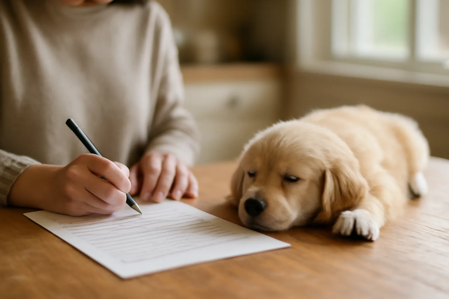 Breeder filling out an AKC dog registration application beside a young purebred puppy