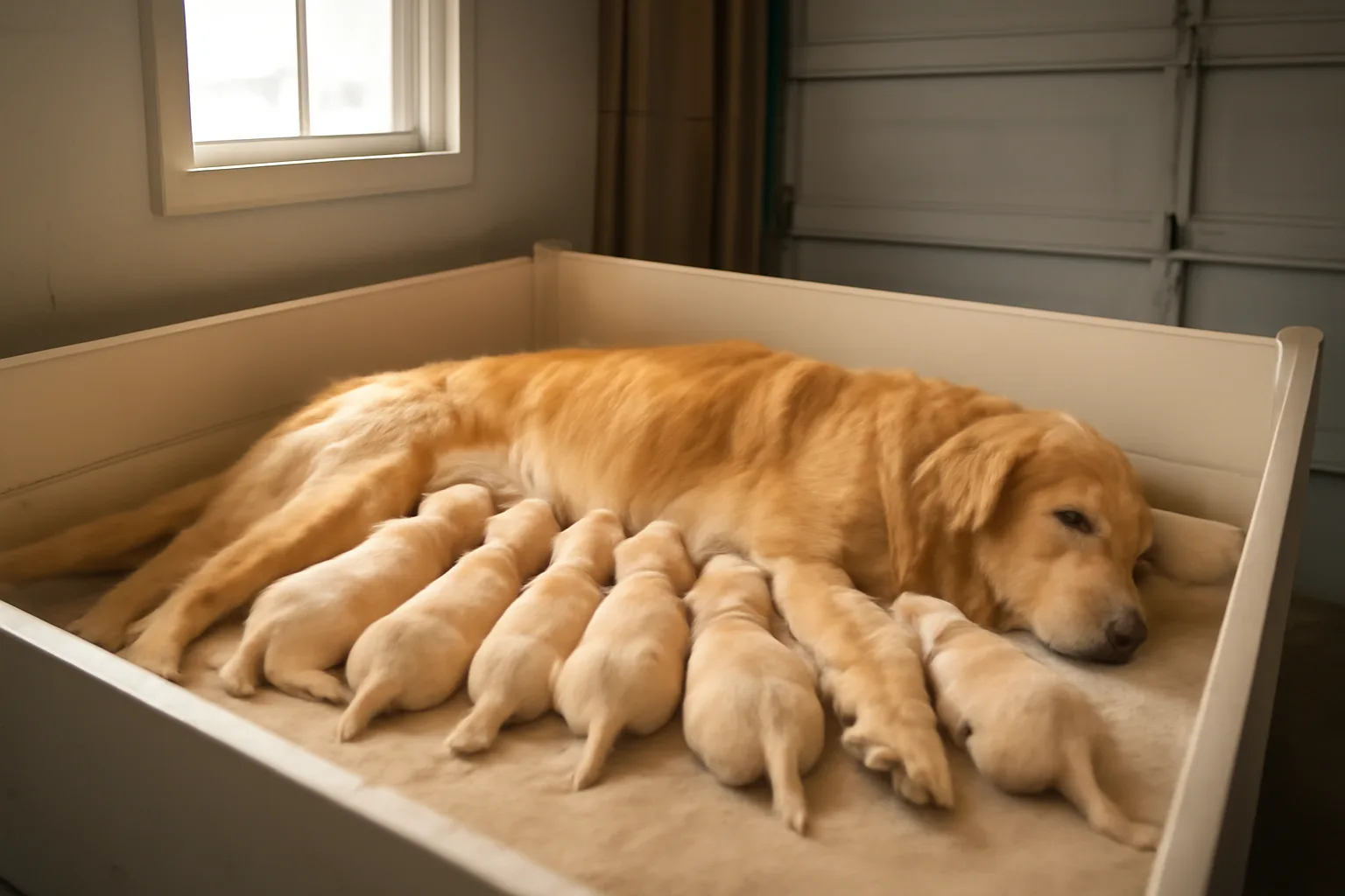 Litter of newborn puppies nursing in a clean home whelping box