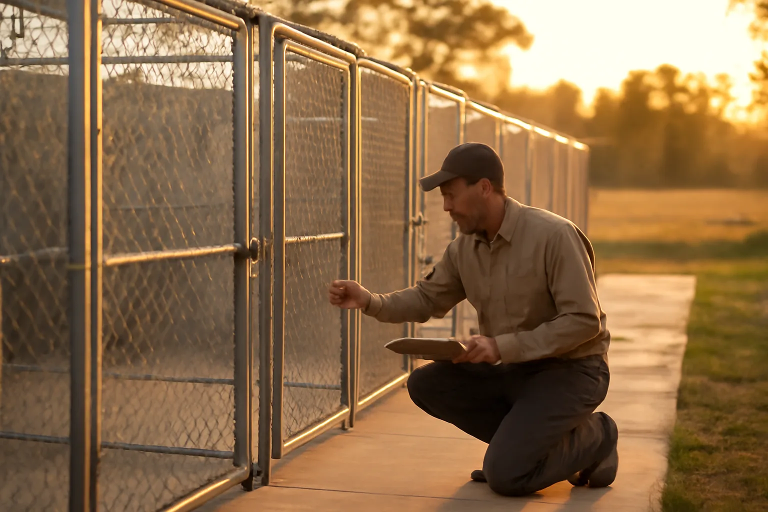 Rural kennel runs at sunset during a dog breeding license facility check