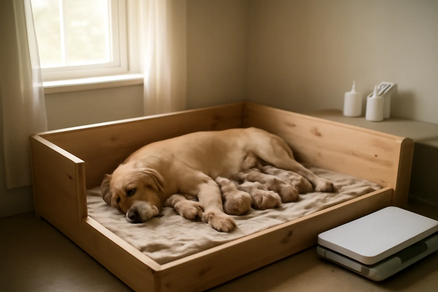 Dam nursing a litter of puppies in a home whelping box at dawn