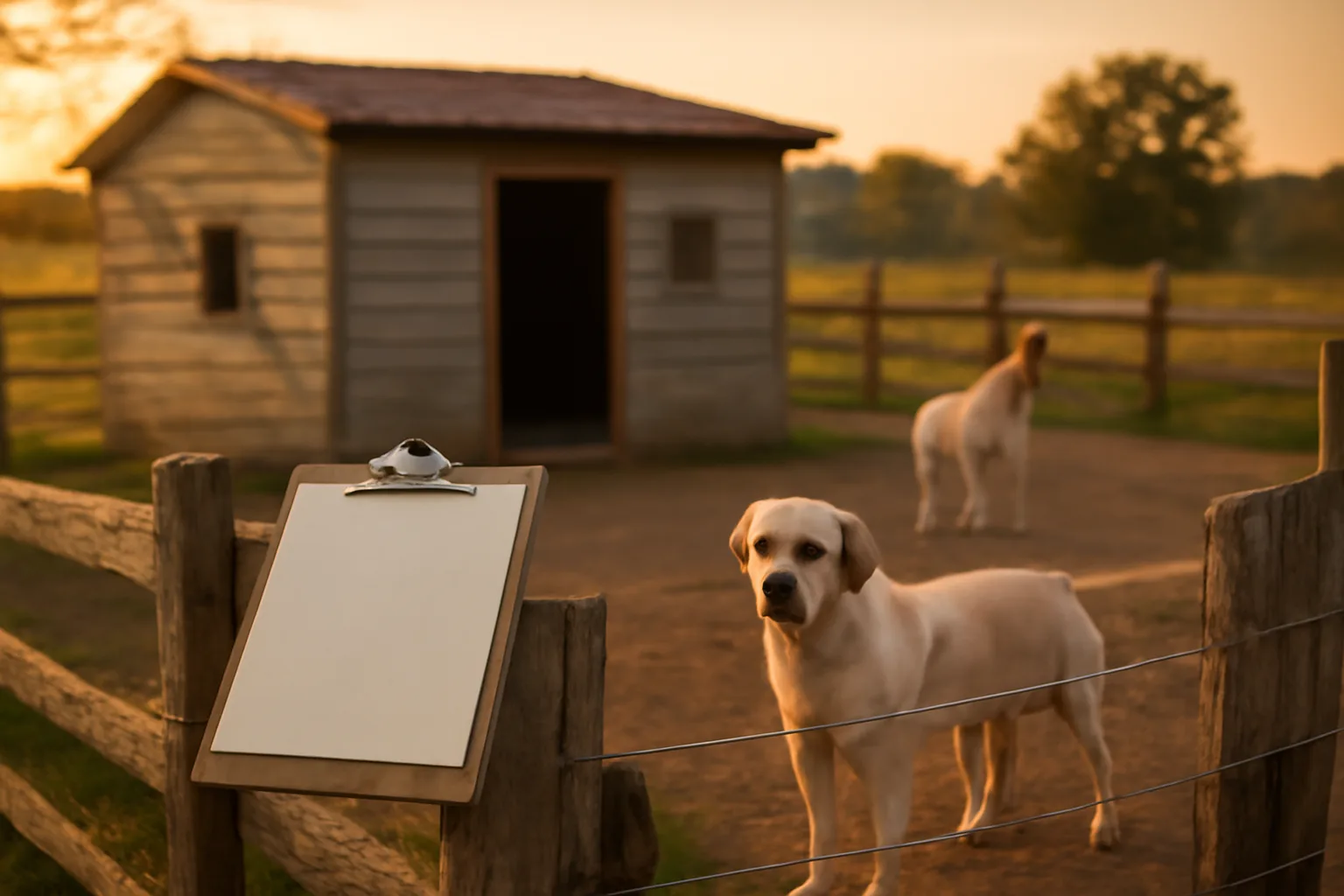 Rural kennel yard with fencing and dogs, representing dog breeding license costs