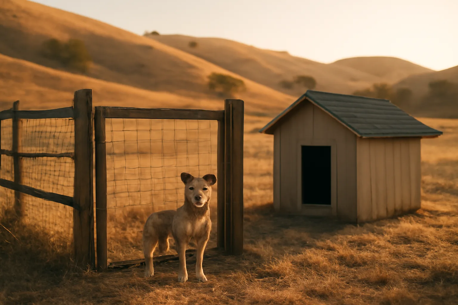 Rural California kennel property with fenced dog run at golden hour