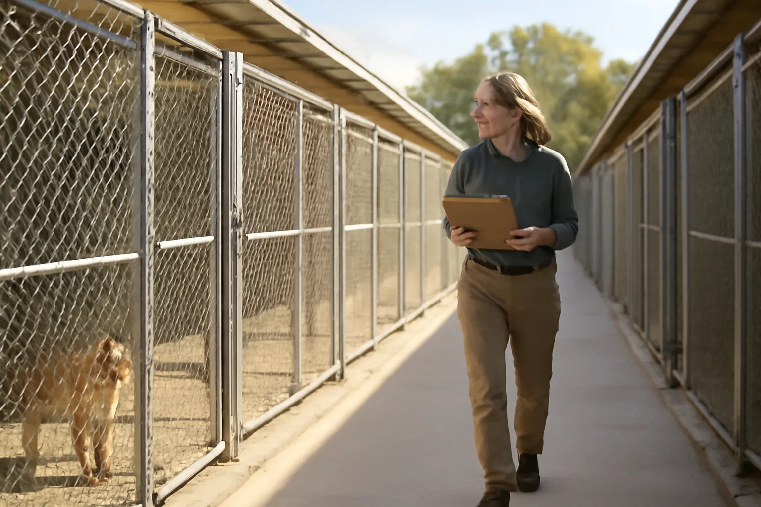 Person walking past outdoor dog kennel runs during a facility inspection visit