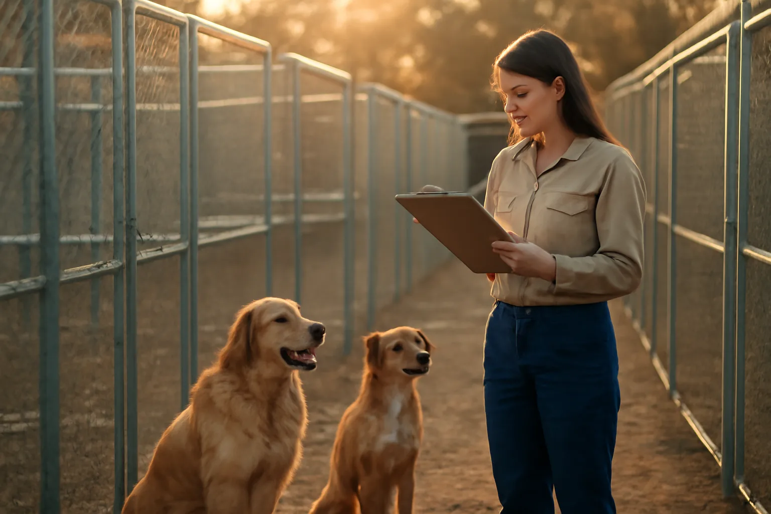Breeder checking records outdoors near clean fenced dog runs at golden hour