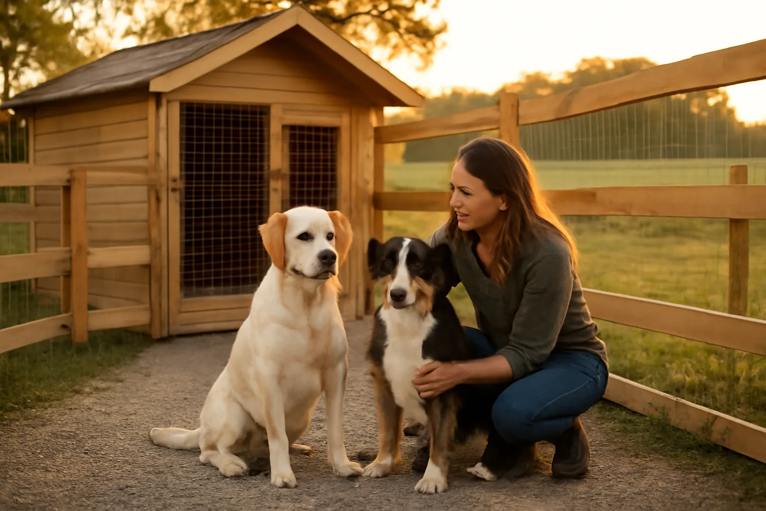 Breeder crouched beside two dogs in a fenced home kennel at golden hour