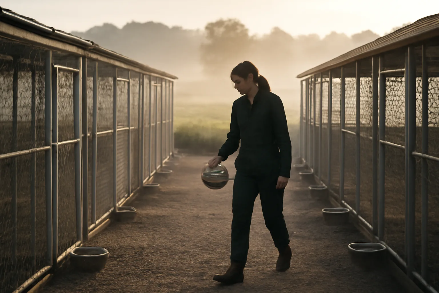 Breeder checking outdoor dog kennel runs at a licensed breeding facility