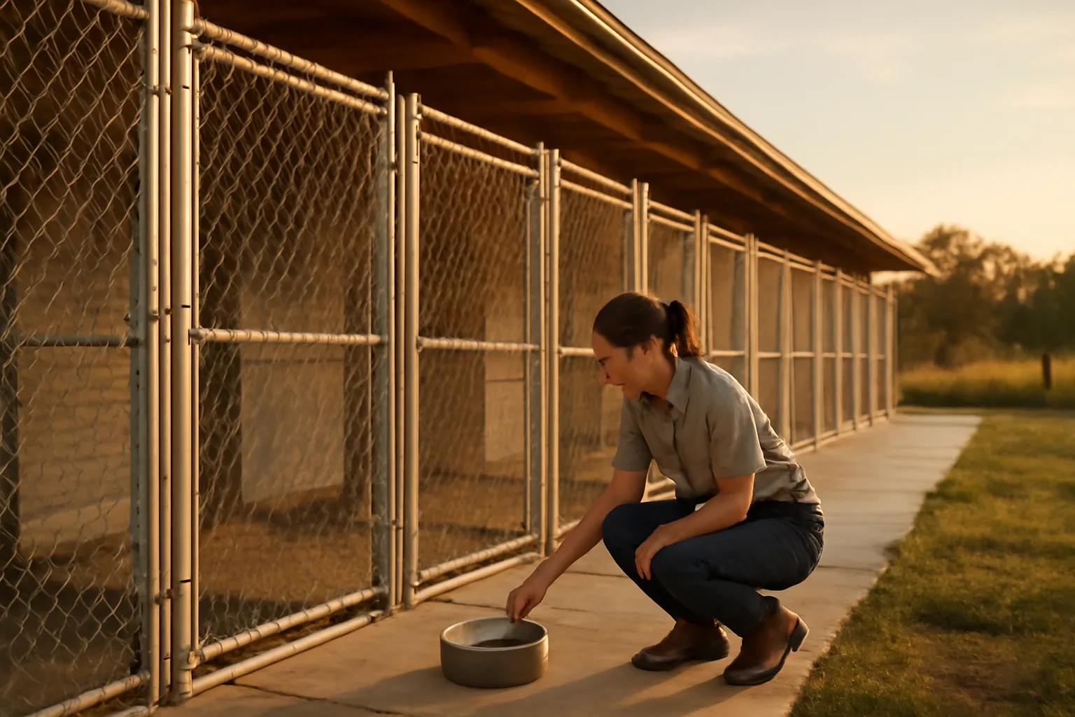 Kennel operator checking outdoor dog runs at a licensed breeding facility