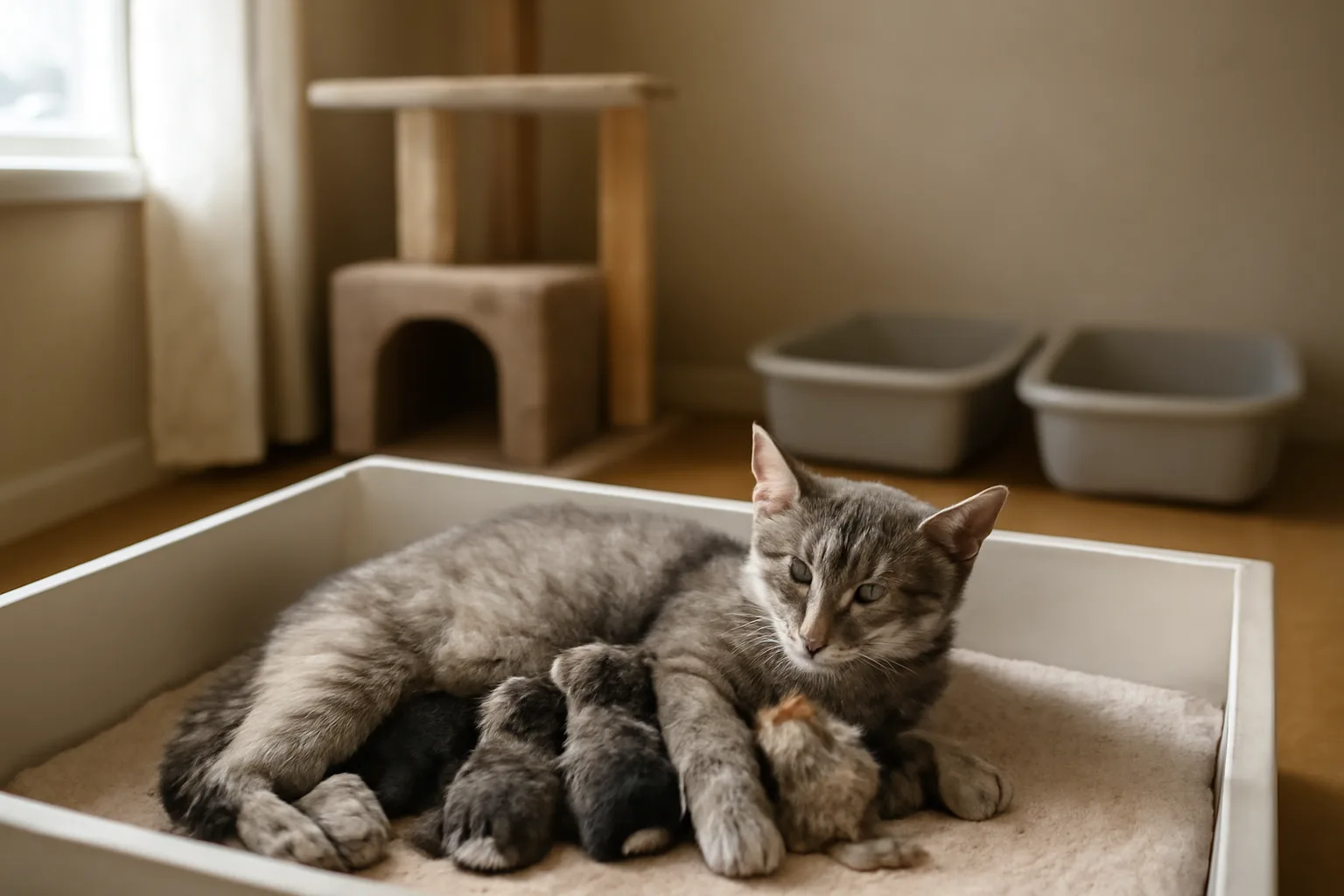 Registered cat breeder's cattery room with a nursing queen and newborn kittens
