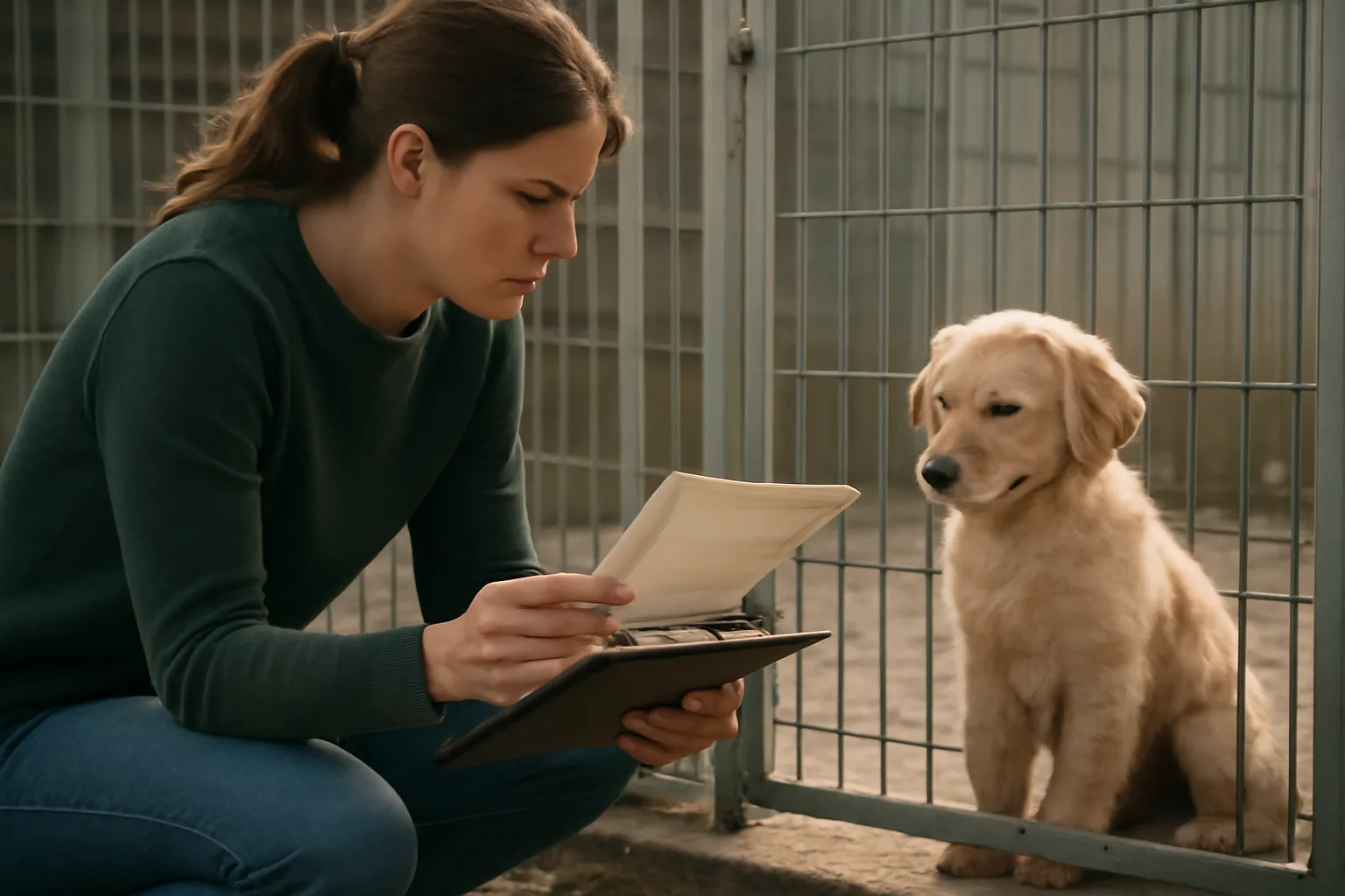 Person checking a dog breeder's license certificate near an outdoor kennel run