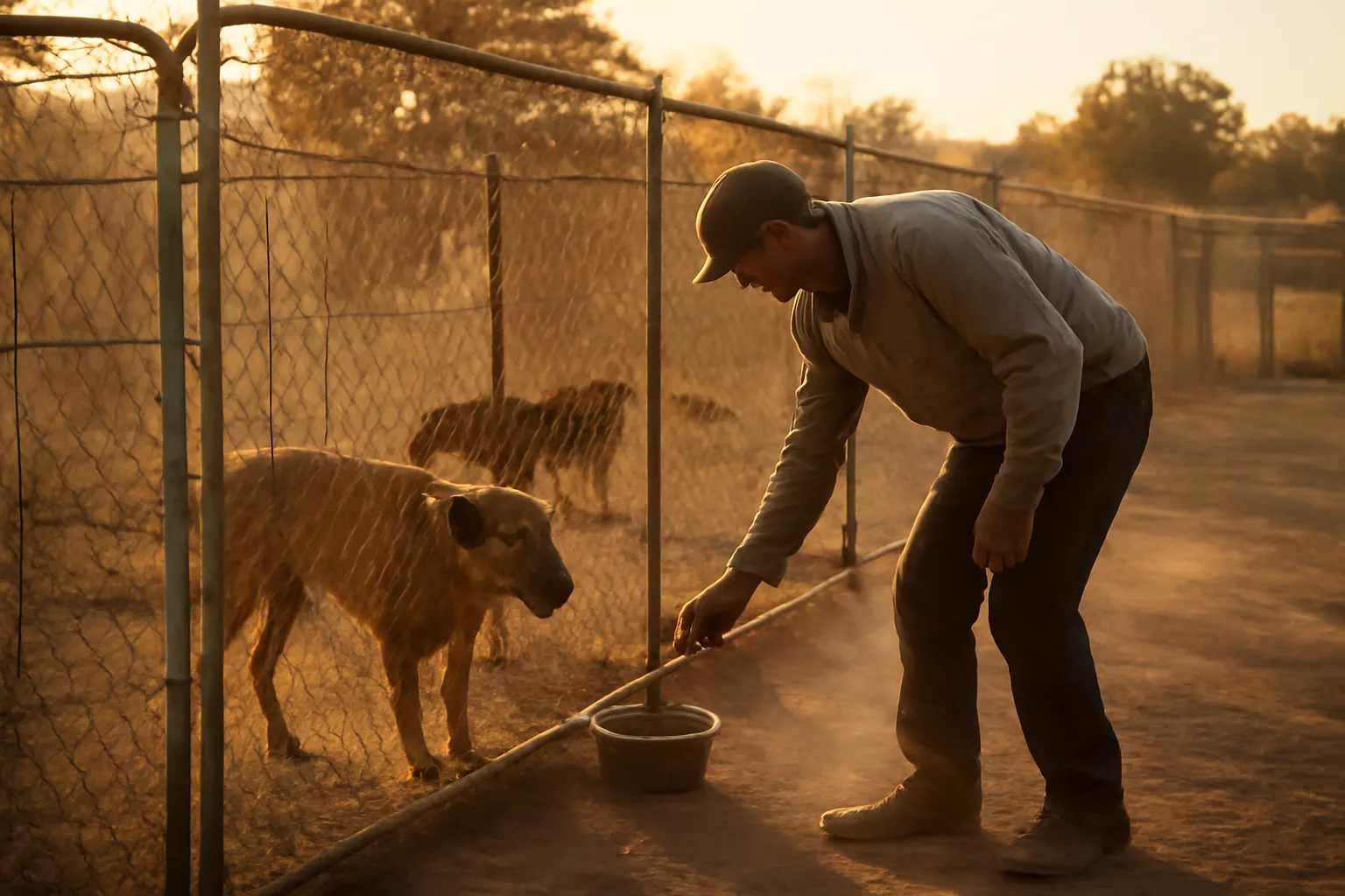 Person checking dog runs at a small rural California breeding kennel at dusk