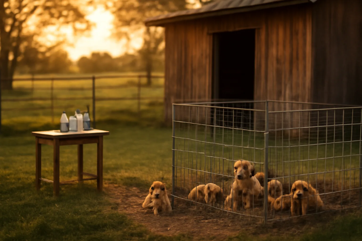 Fenced outdoor dog kennel runs on a rural Florida breeding property at golden hour
