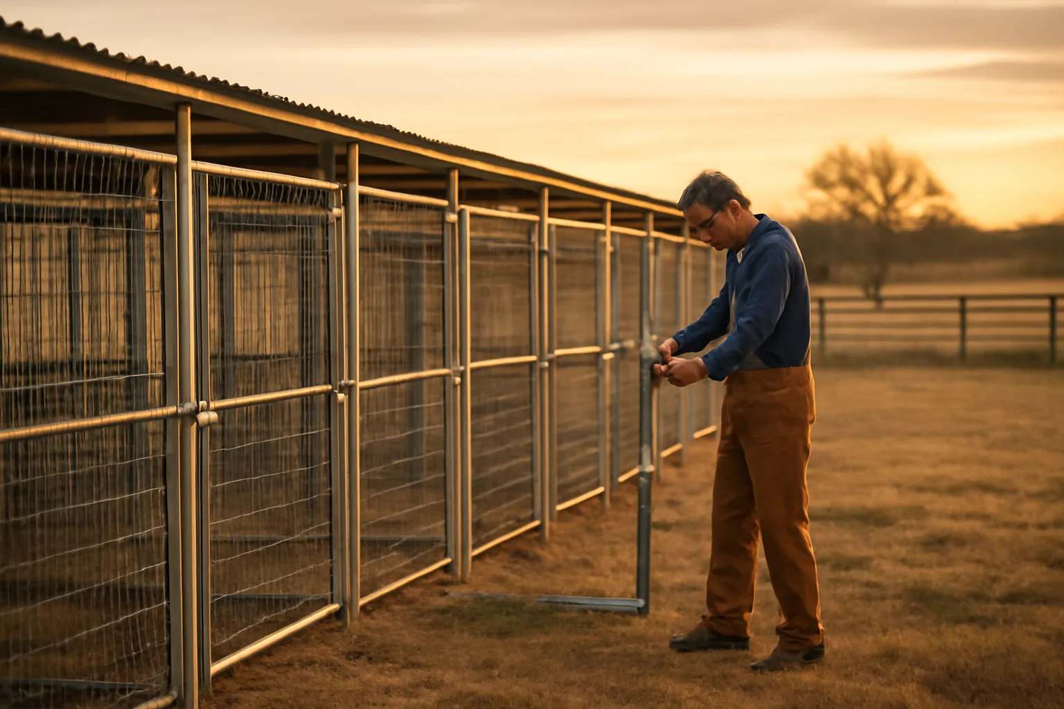 Rural Texas dog breeding kennel with outdoor runs at golden hour