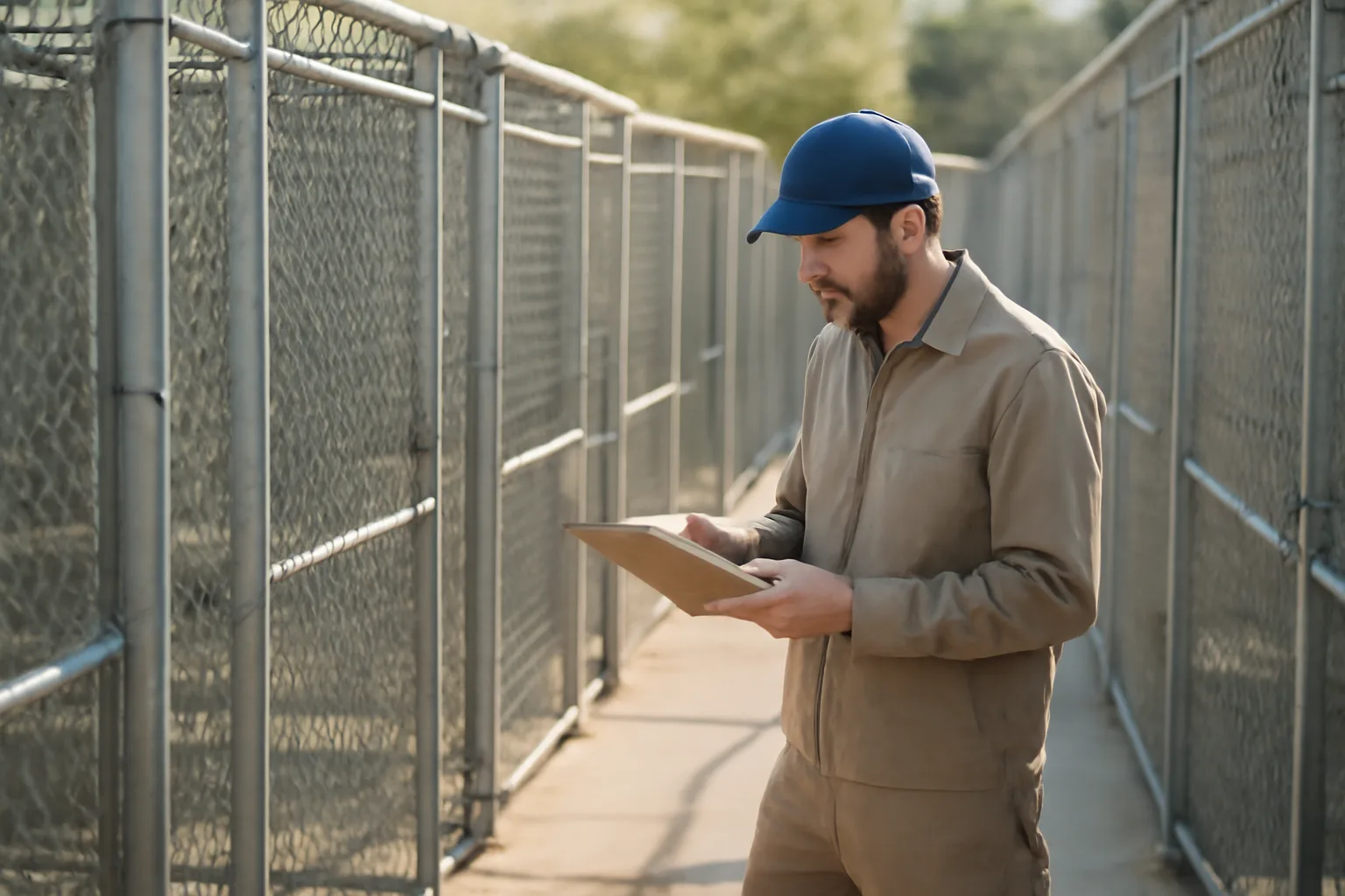 Person inspecting outdoor dog kennel runs during a facility licensing walkthrough