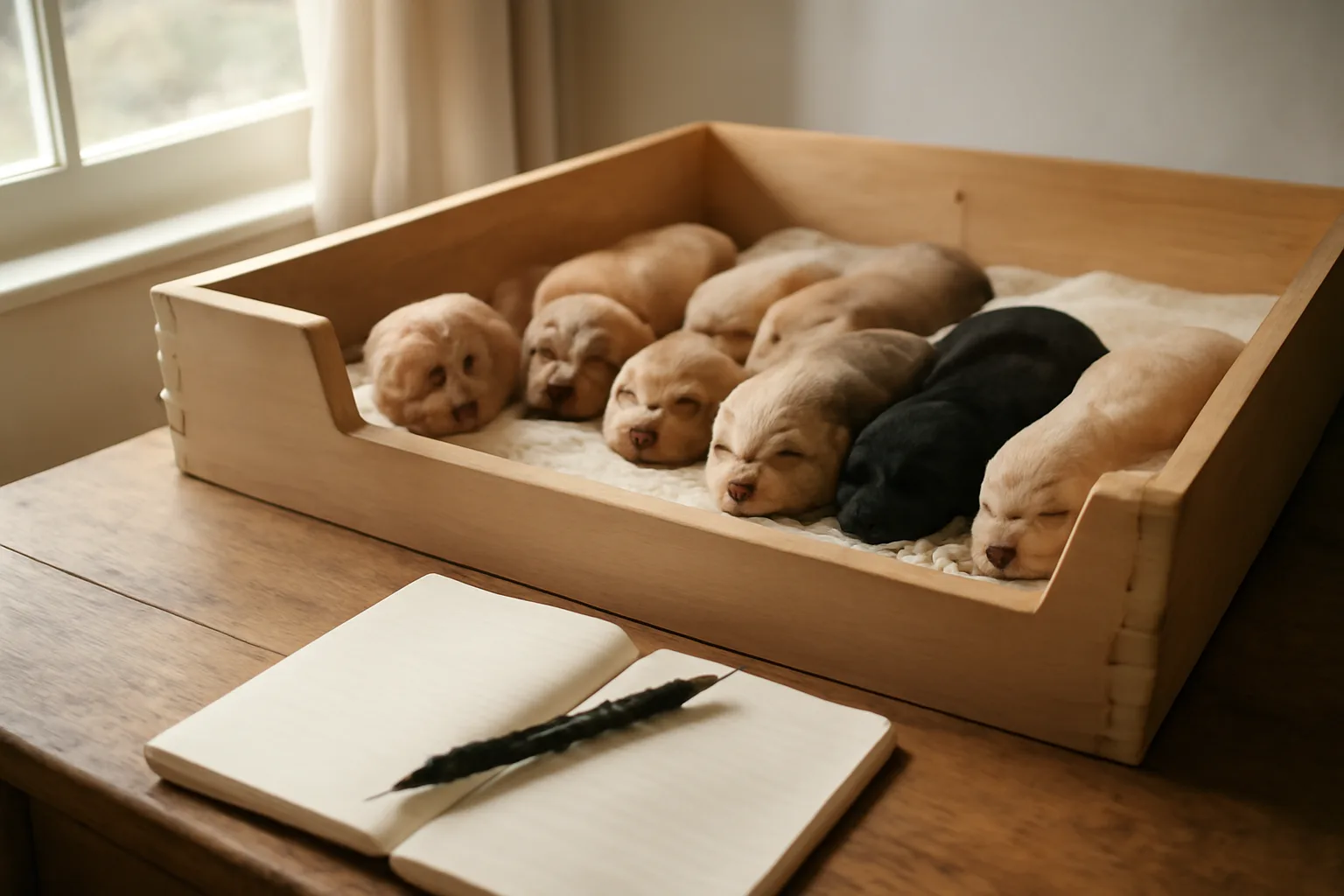 Puppies resting in a whelping box beside breeder notes during dog registration process