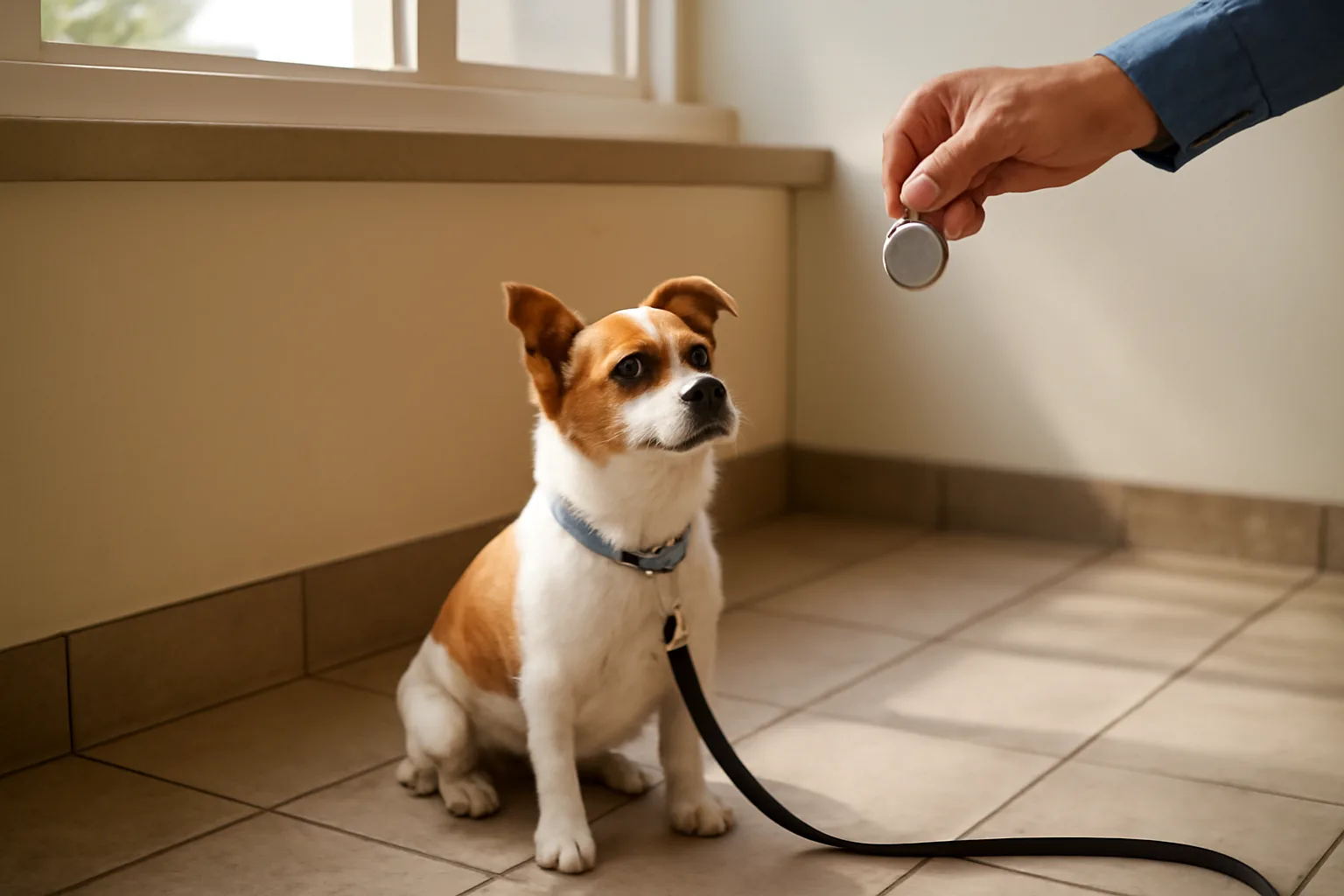 Dog sitting at county office counter during the dog registered licensing process