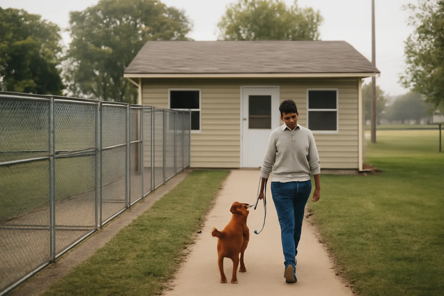 Exterior of an Illinois dog boarding kennel with outdoor runs and a person walking a dog