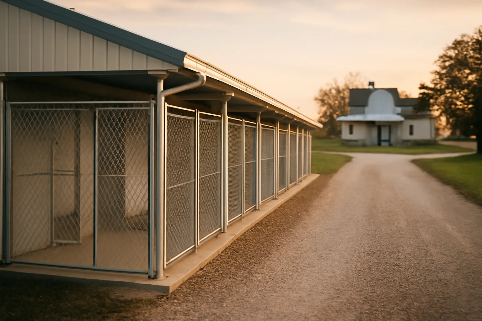 Outdoor dog kennel runs on a rural Iowa property at golden hour