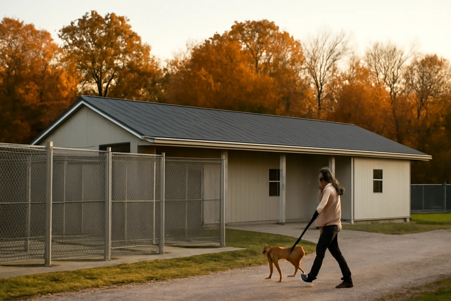 Exterior of a rural Missouri kennel facility with outdoor dog runs at sunset
