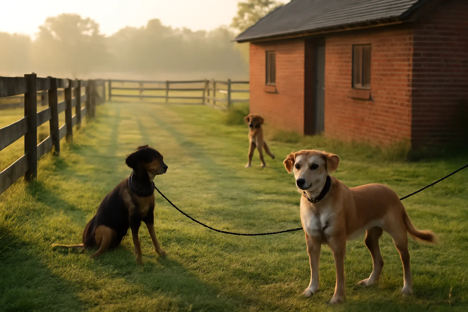 Rural Virginia kennel yard with fenced runs in early morning light
