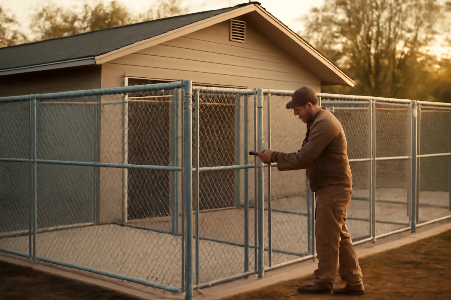 Kennel operator inspecting outdoor dog runs before a licensing inspection