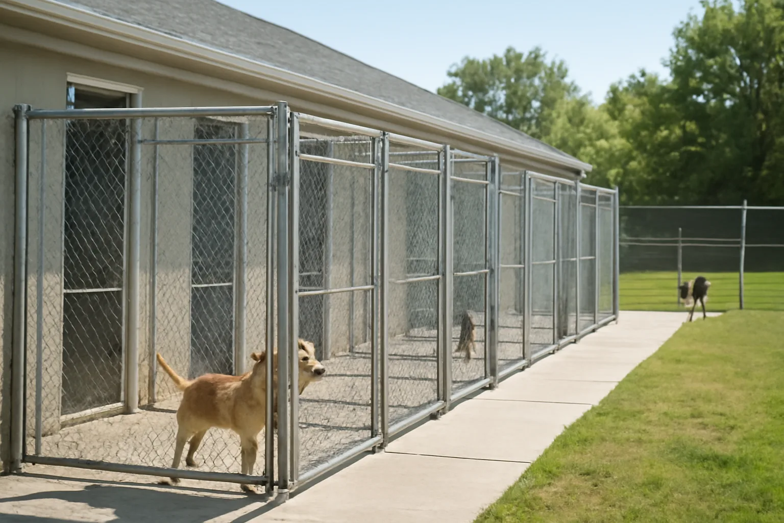 Outdoor dog boarding kennel runs with concrete flooring in morning light